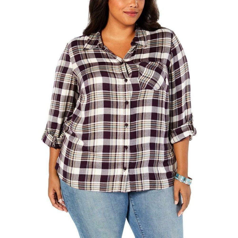 NWT Sz 0X Style & Co Plaid Collar Button-Down Shirt Black white off Ivory New